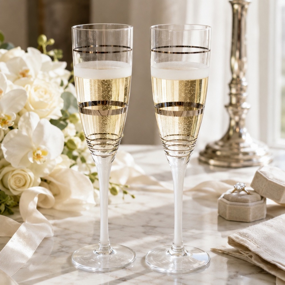 Vintage Platinum Banded Champagne Flutes Pair Wedding Toast Glasses